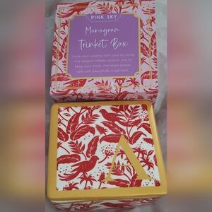 Pink Sky monogram "A" ceramic trinket box in red with gold trim